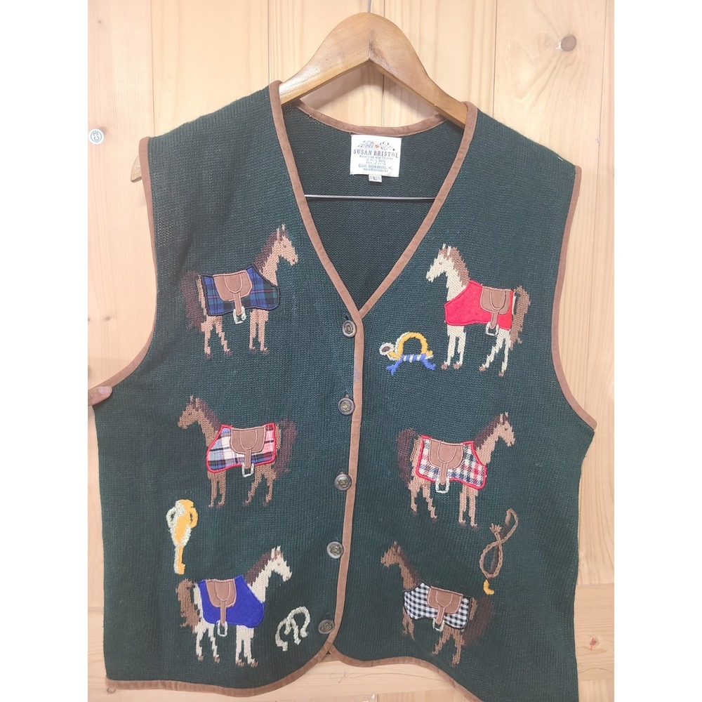 Susan Bristol Sweater Vest Women L Green Good Vintage Equestrian Horse 1995 Knit